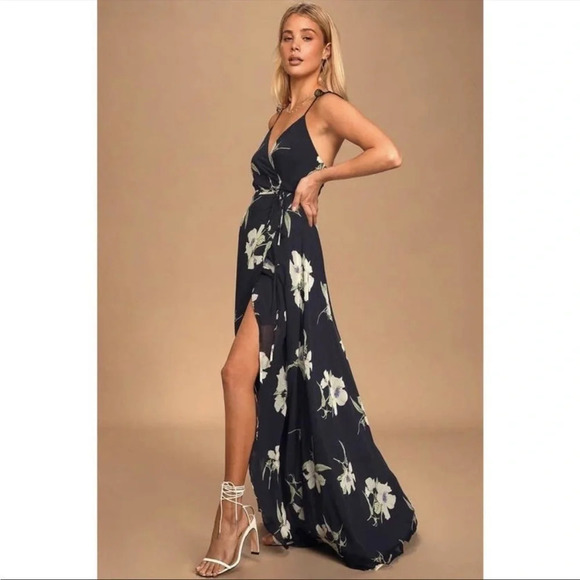 Lulus Dresses & Skirts - NWT Lulu's All Mine Navy Blue Floral Print High-Low Wrap Dress Medium